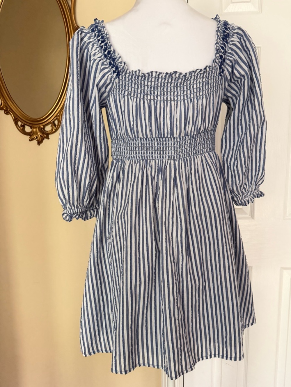American Eagle Women's Blue & White Striped Puff Sleeve Embroidered Mini Dress S - Picture 11 of 13
